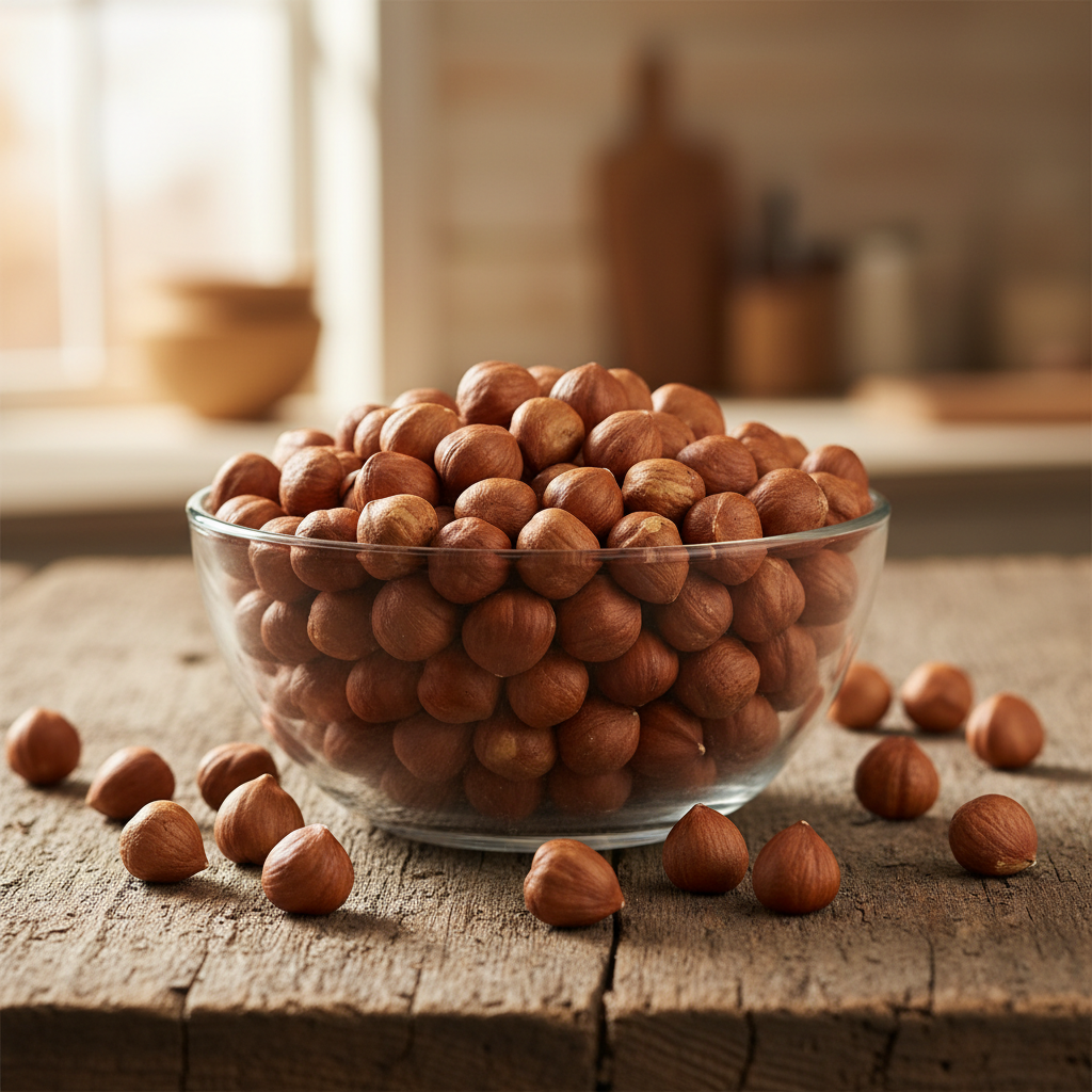 Hazelnuts in glass bowl